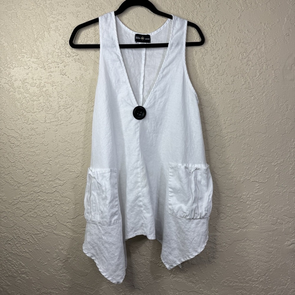 MoonLight Lagenlook Linen Tank Top Womens M/L Asymmetrical Large Button Pockets